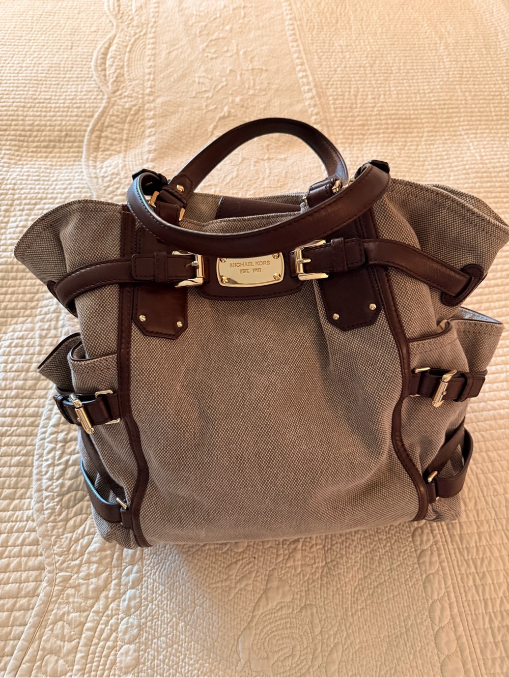 Michael Kors Beige Canvas Tote with Brown Leather and Gold Hardware
